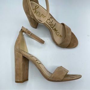 Sam Edelman Tan Suede Peep Toe Four Inch Heels Minimalist Style 8.5